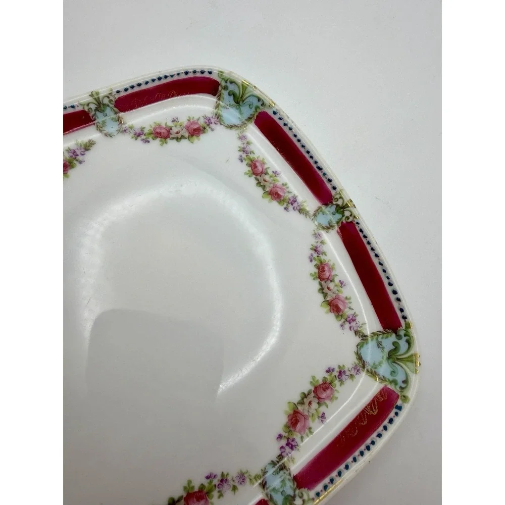 Antique ES Prussia Porcelain Dresser Tray Pink Roses Raspberry Border 11.25